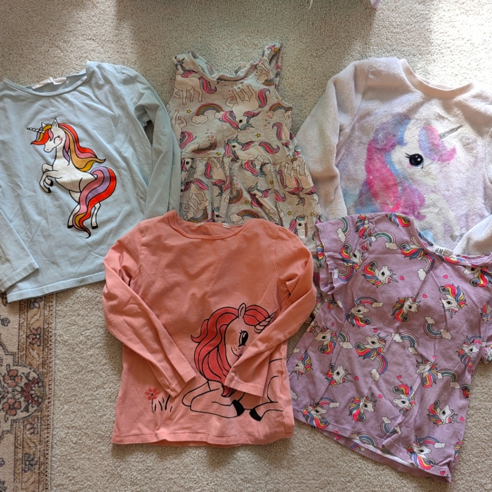 Lot of H&M Unicorn Tops, Dress, and Sweater, Size 4-6Y